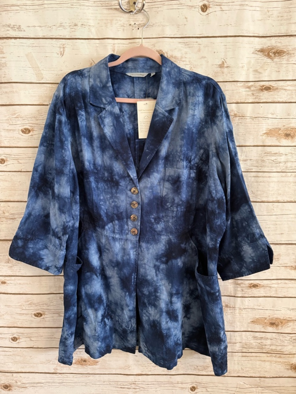 Soft Surroundings Eza 100% Linen Blue Tie Dye Top 2X Plus Pockets